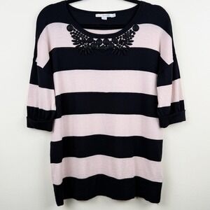 Boden Women's Size 10 Black Pink Striped Sweater Beaded Neck Wool Cotton Blend